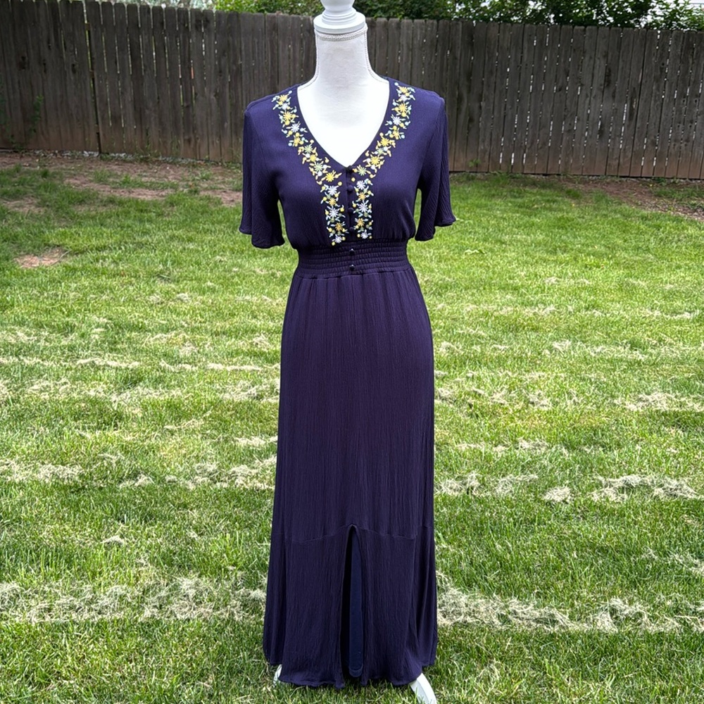 Blue Rain by Francescas embroidered floral navy maxi dress S